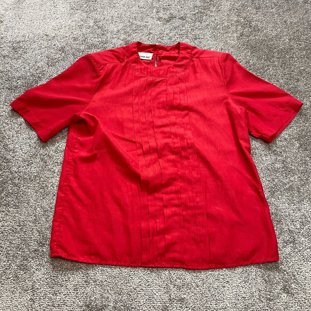 Lauren Lee Blouse Top Womens 10 Red Ruffle Short Sleeve Vintage Padded Shoulders